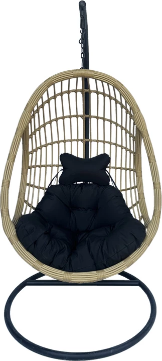 Karrige lëkundëse Cungo me bazë metalike të zezë - rattan bezhë me jastëkë të zinj 125x105x195cm