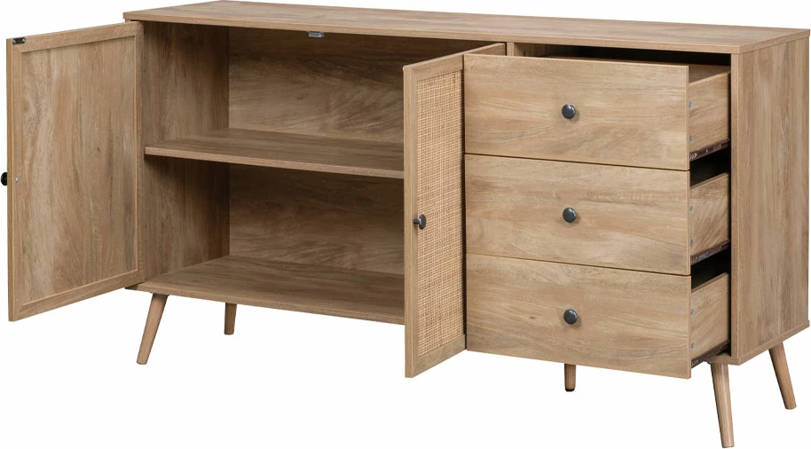 Komodë Ammos me 3 sirtarë, natyrale me ratan, 150x39x79