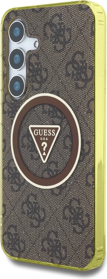 Mbështjellës Guess 4G Glitter Triangle Buttons MagSafe për Samsung Galaxy S25, Kafe
