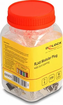 Konektor RJ45 DeLOCK 66905, Cat6 FTP, për kabllo AWG23, me mbrojtës këndi, 50 copë, transparent/metalike
