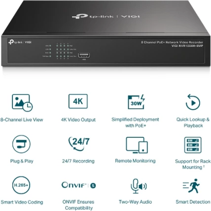 Regjistrues video rrjeti (NVR) TP-LINK VIGI NVR1008H-8MP, 8-kanal PoE+, 4K HDMI, deri 10TB, i zi
