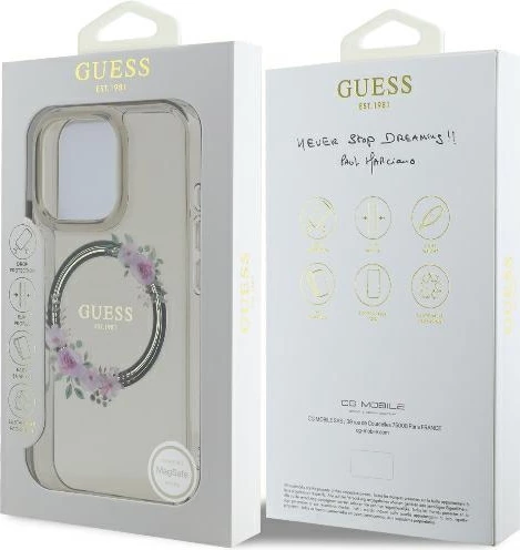 Mbështjellës Guess Flowers Wreath MagSafe për iPhone 16 Pro, 6.3", i zi