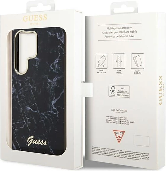 Mbështjellës Guess GUHCS23LPCUMAK për Samsung Galaxy S23 Ultra, hardcase, Marble, i zi