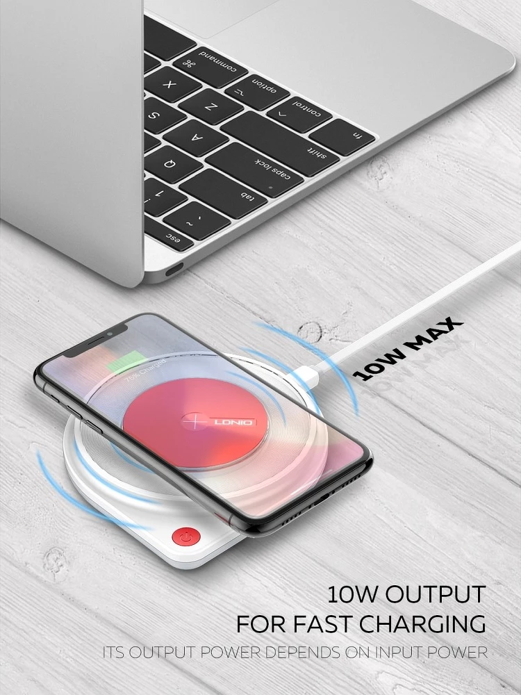 Karikues wireless i shpejtë LDNIO AW001 10W me dritë LED, bardhë/kuqe