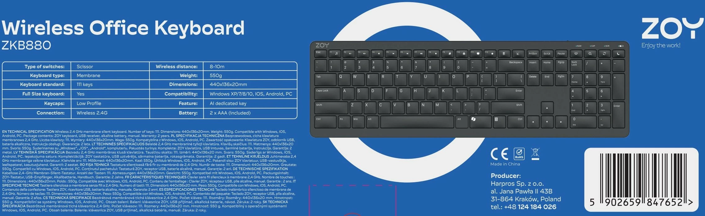 Tastierë wireless ZOY ZKB880 2.4GHz, US layout, 111 tasta, Scissor, e zezë