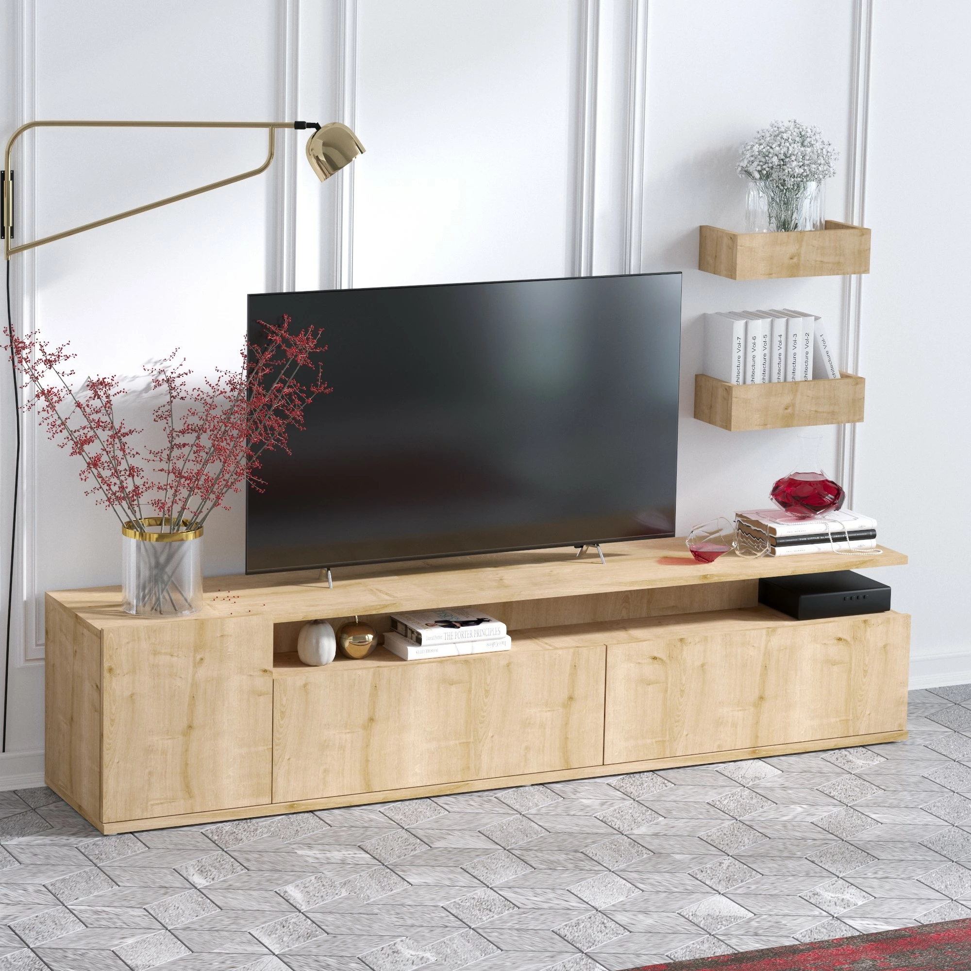 Komodë TV Hanah Home, Alika, ngjyrë lisi, me rafte muri