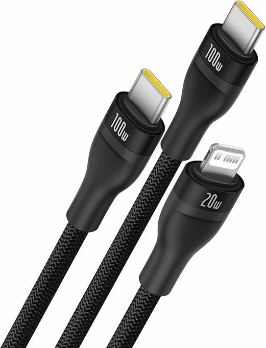 Kabllo USB-C Baseus Flash Series 3 3-në-1 100W 1.5 m (2x USB-C + Lightning), e zezë
