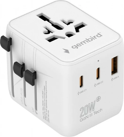 Adapter udhëtimi universal murit, Gembird, TPA-1A2C20-01-W, 20W GaN me 2x USB-C + USB-A dhe prizë AC, me plugje US/UK/EU/AU, i bardhë