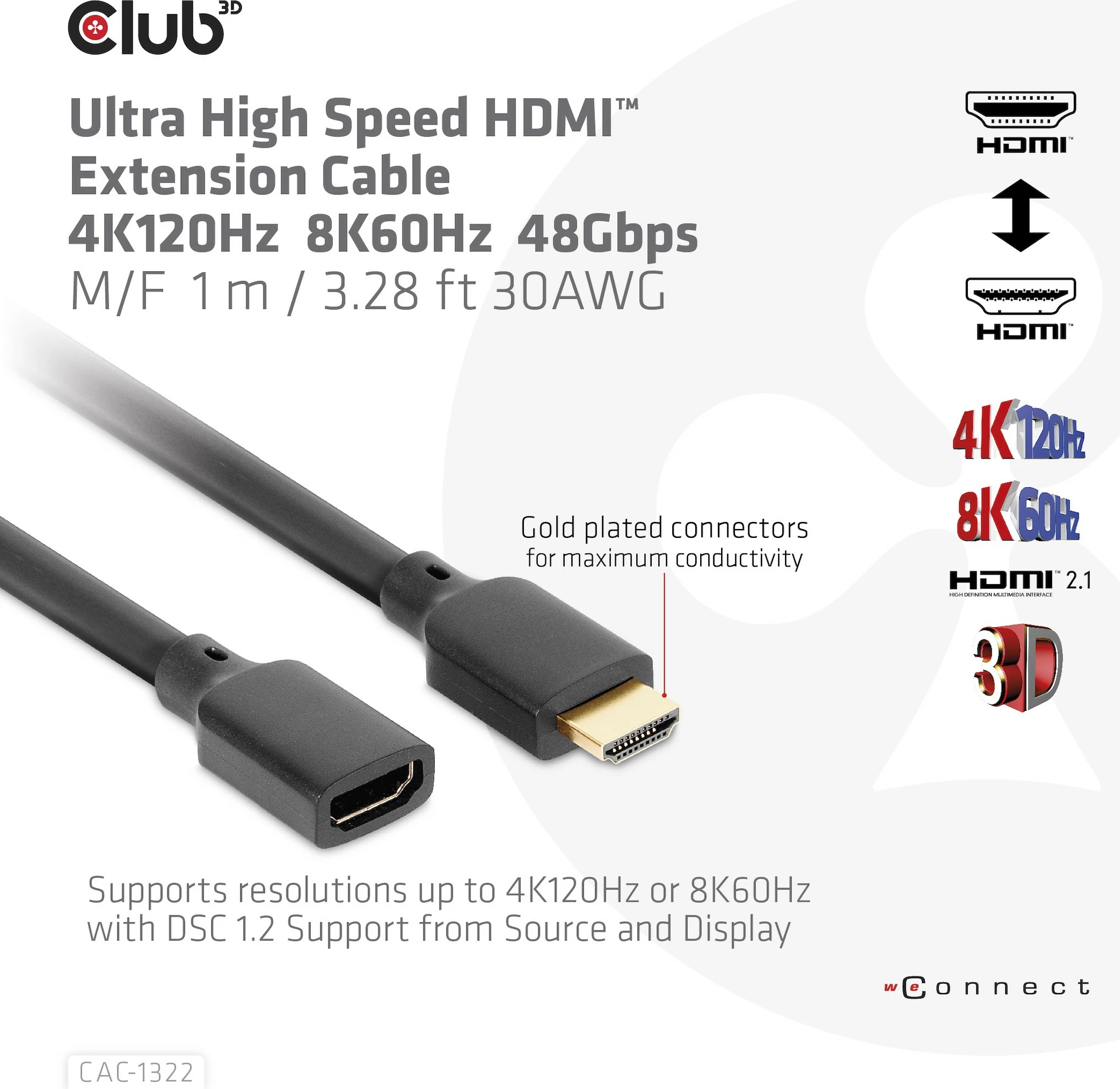 Kabllo HDMI zgjatues Club3D 2.1, 1m, e zezë