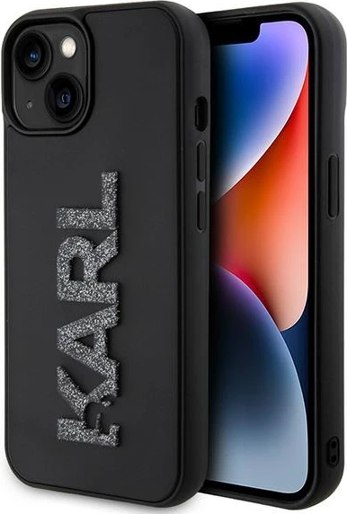 Mbështjellës Karl Lagerfeld 3D Rubber Glitter Logo për iPhone 15, i zi