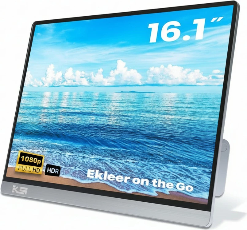 Monitor portativ EKLEER 16.1" Full HD 1080p HDR, USB-C, me çantë udhëtimi, gri/argjend