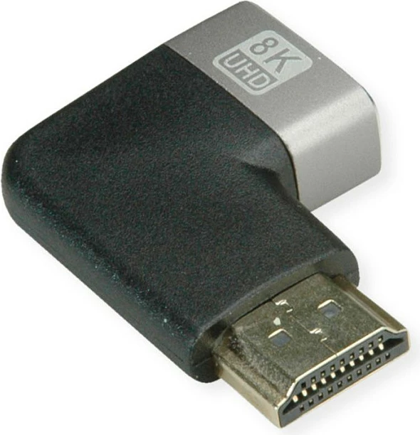 Adapter HDMI ROLINE 12.03.3251, 90° mashkull në femër, 8K 60Hz, zi/argjendtë