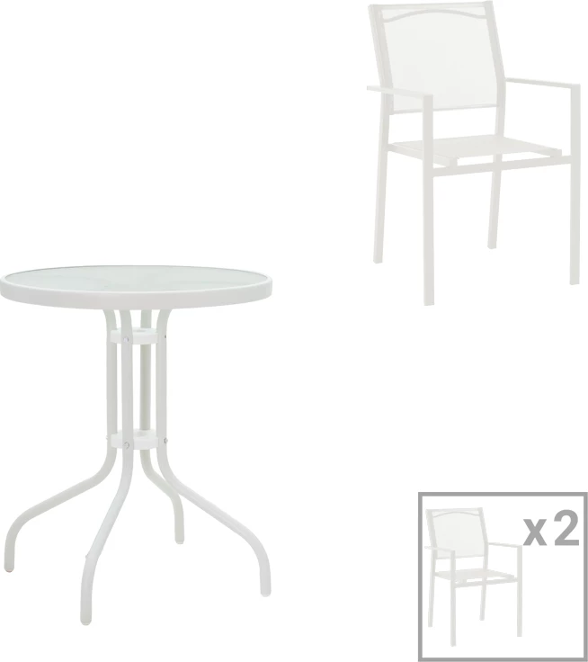 Tavolinë me karrige për terasë Valor-Confidence B set prej 3 metalik, ngjyrë e bardhë, D60x70cm