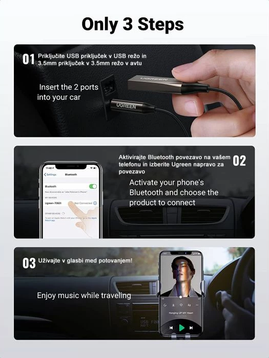 Adapter Bluetooth AUX/USB UGREEN 70601, Bluetooth 5.0, 3.5mm, me mikrofon, lidhje dy pajisje, i zi