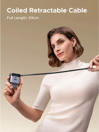 Karikues USB-C GaN UGREEN 65822 45W, 3-portësh, me kabllo tërheqëse 0.7 m, gri