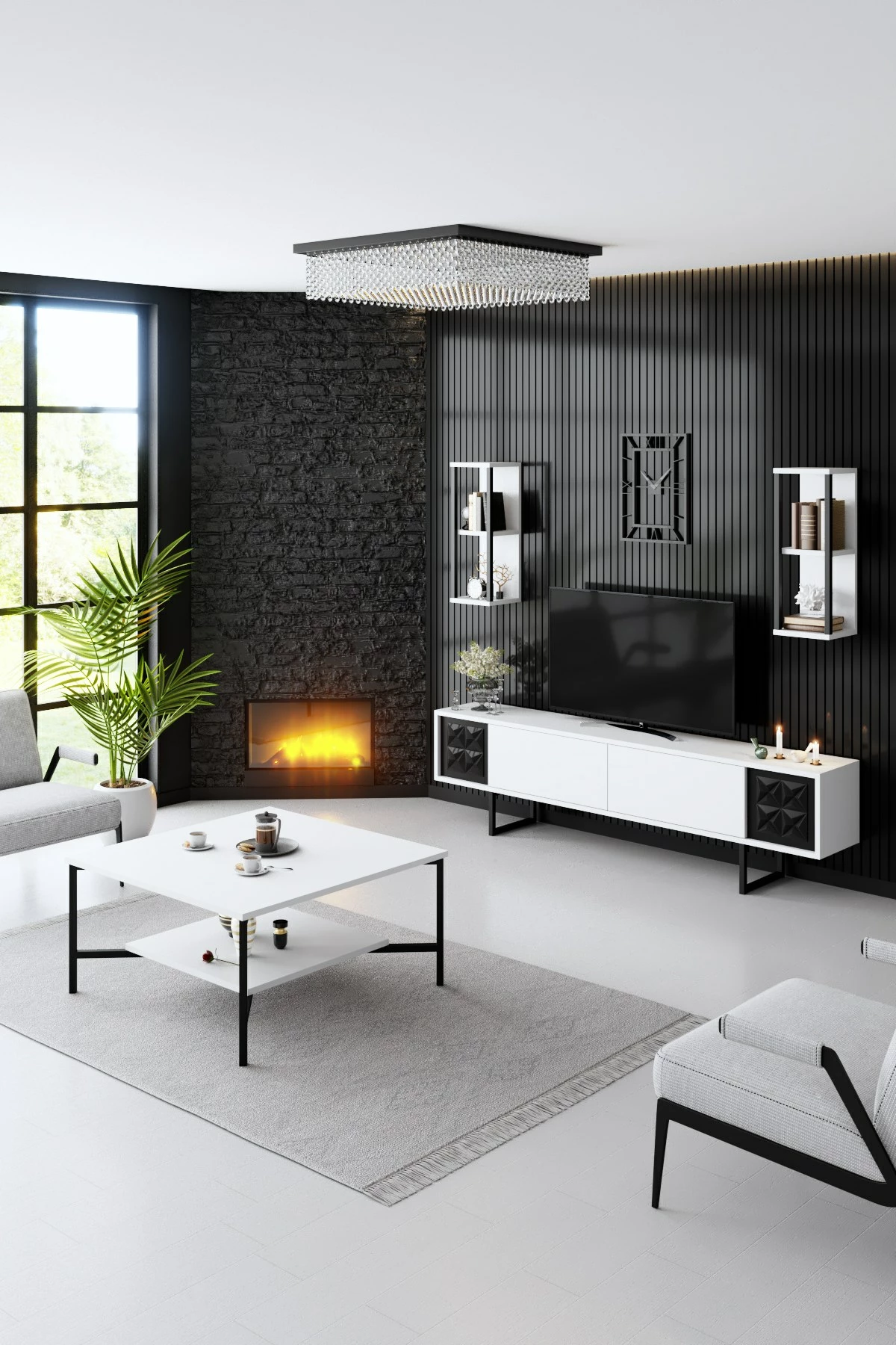 Komodë TV Skye Decor, vijë e zezë, e bardhë, e zezë