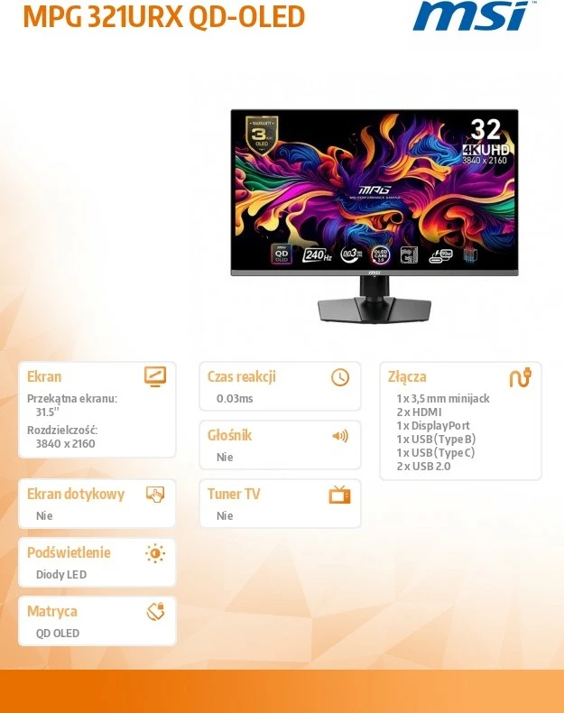 Monitor MSI MPG 321URX QD-OLED 31.5" 4K UHD 240Hz QD-OLED, i zi
