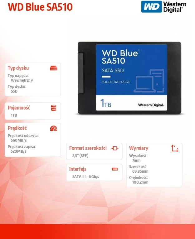 SSD Western Digital WD Blue SA510, 1TB, 2.5", SATA, i zi