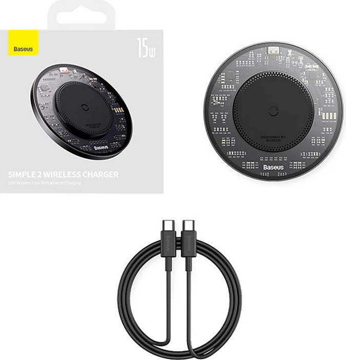 Karikues wireless Baseus Simple 2, 15W me kabllo USB-C në USB-C, zi