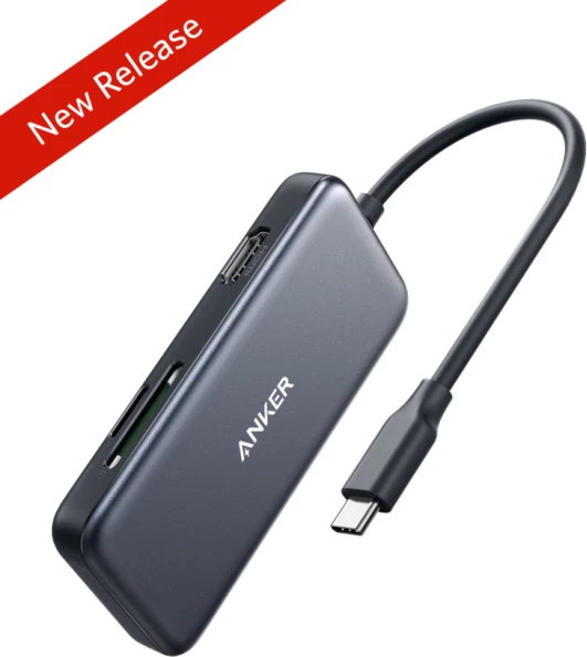 Hub USB-C ANKER A8334HA1 5-në-1 2x USB-A USB 3.0, HDMI 4K, SD/microSD, gri e errët, me këllëf udhëtimi