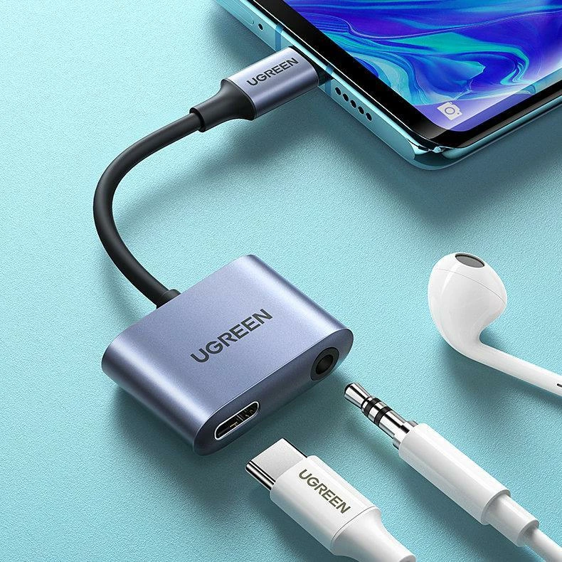 Adapter AV Ugreen CM231 USB-C në 3.5mm + USB-C, PD/QC 30W, gri