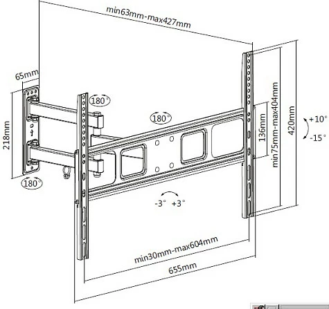 Mbajtës muri për TV EQUIP, 37"-70", krah i lëvizshëm 4 nyje, VESA 600x400, 35 kg, i zi