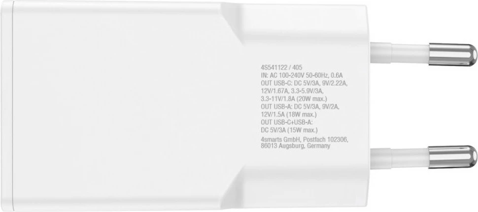 Karikues rrjeti 4smarts PDPlug Slim Duos 20W GaN, 1x USB-C + 1x USB-A, kabllo USB-C 1.5m, i bardhë