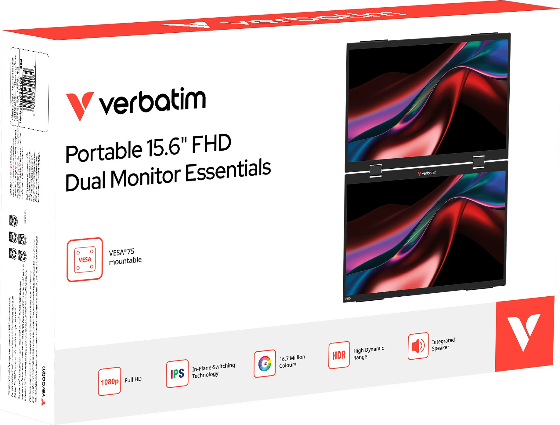 Monitor portativ i dyfishtë Verbatim Portable 15.6" FHD Dual Monitor Essentials, 2x 15.6", Full HD, USB-C/HDMI, i zi