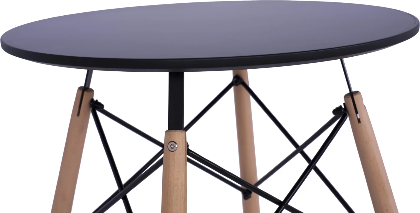 Tavolinë ngrënieje rrethore minimaliste, FH0060.02, sipërfaqe MDF, ngjyrë e zezë, këmbë druri ahu, Φ60x72H cm