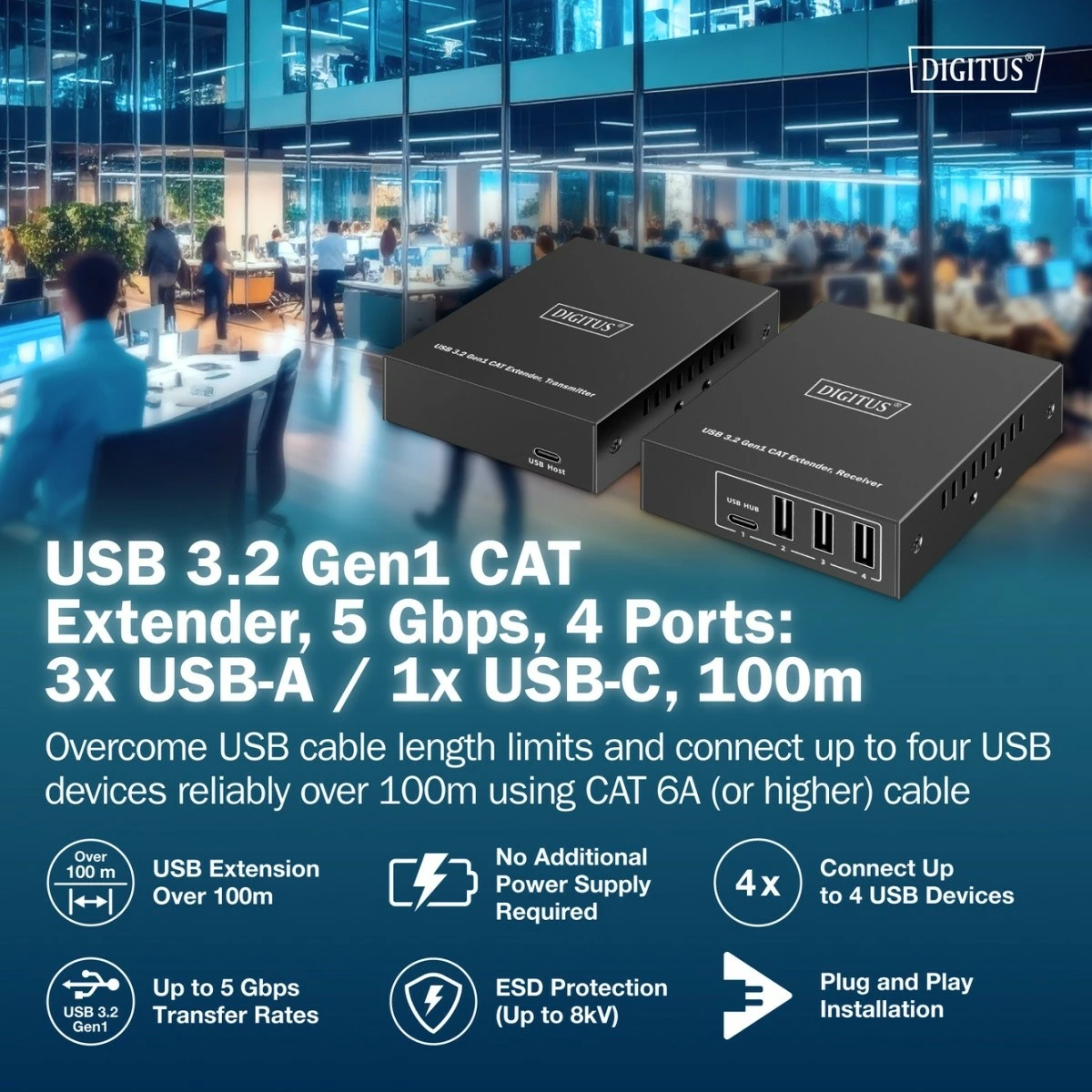 Set extender USB Digitus DA-73121, 3x USB-A, 1x USB-C, RJ45, 100m, i zi