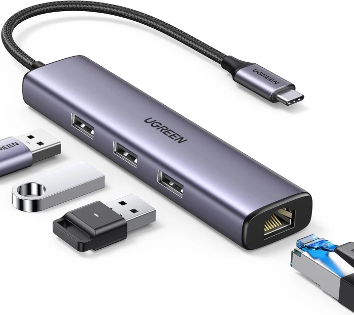 Hub USB-C UGREEN 60600 4-në-1 (3x USB 3.0, Gigabit Ethernet RJ45), gri metalike