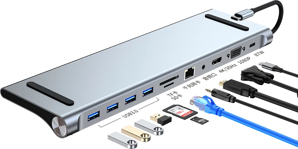Hub USB-C Moye Core Multiport X11, 4x USB-A, HDMI 4K, RJ45, SD/TF, PD 87W, Argjend