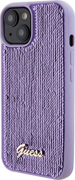 Mbështjellës Guess Sequin Script Metal për iPhone 15, vjollcë