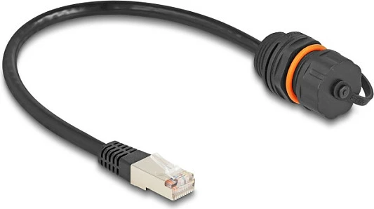 Kabllo rrjeti DeLOCK RJ45 mashkull në RJ45 femër Cat6a, 0.25 m, IP68, me filetë M20, e zezë