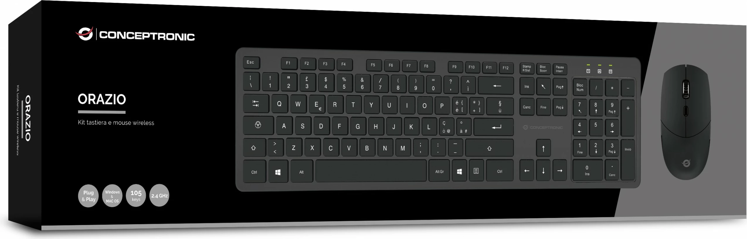 Set tastierë wireless Conceptronic me maus, QWERTY italian, 105 taste, 1600 DPI, e zezë