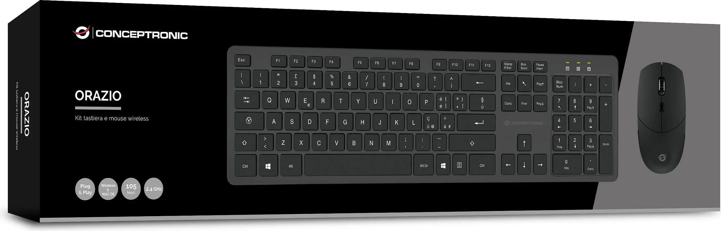Set tastierë wireless Conceptronic me maus, QWERTY italian, 105 taste, 1600 DPI, e zezë