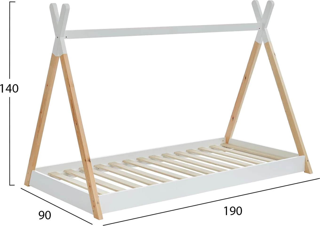 Krevat për fëmijë MUNK, stil Montessori, dru pishe, natyral-bardhë, për dyshek 190x90cm