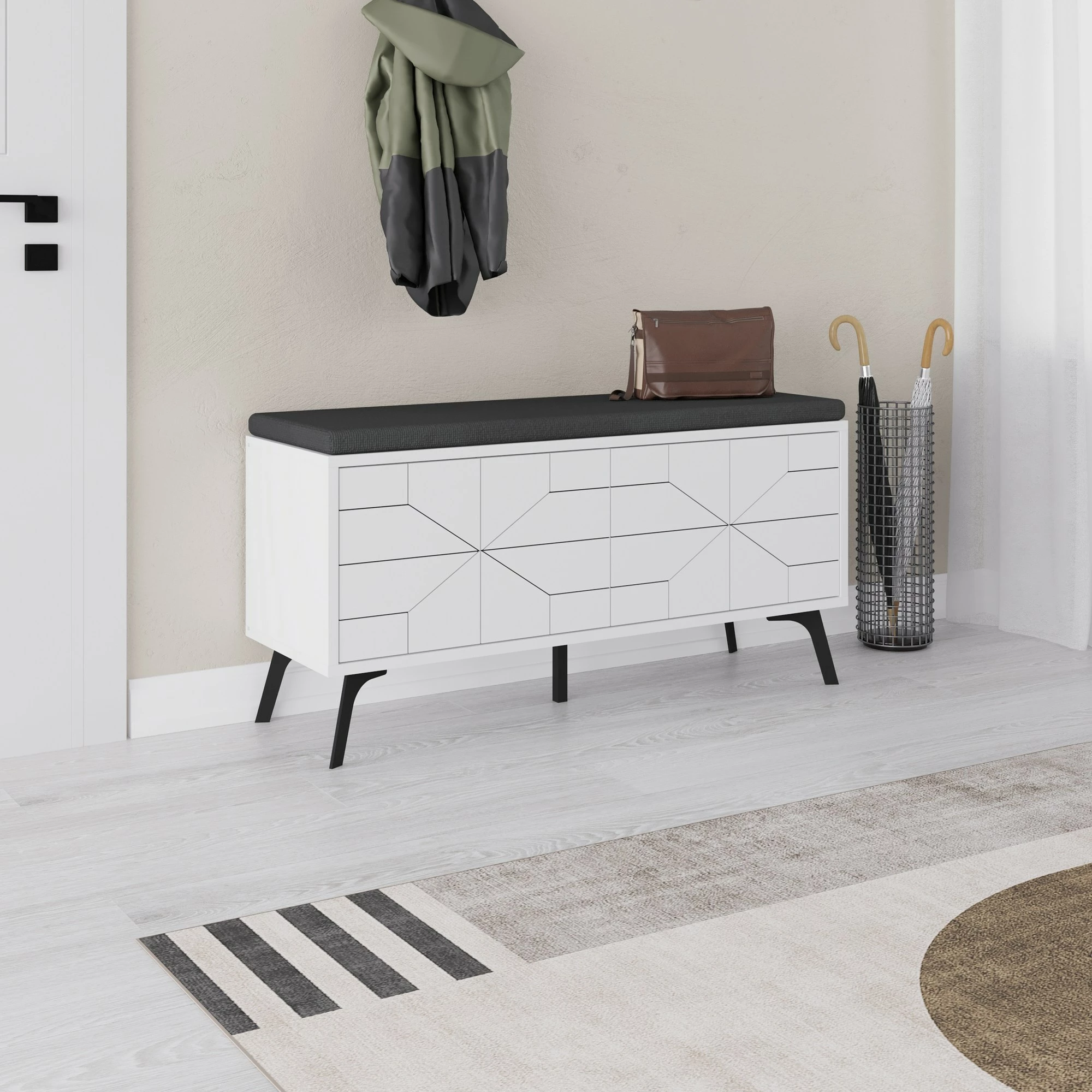 Dollap këpucësh Skye Decor, me ulëse, ngjyrë e bardhë