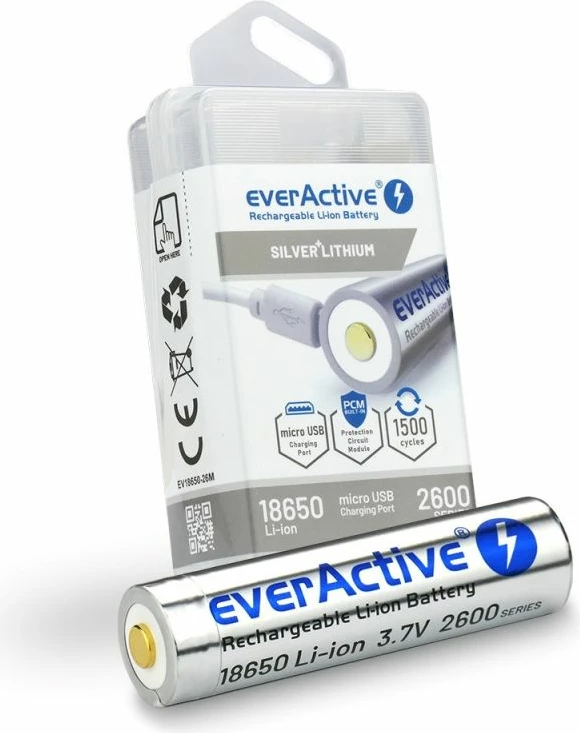 Bateri everActive EV18650-26M 18650 Li-Ion 3.7V 2600mAh me Mini USB dhe kuti mbrojtëse