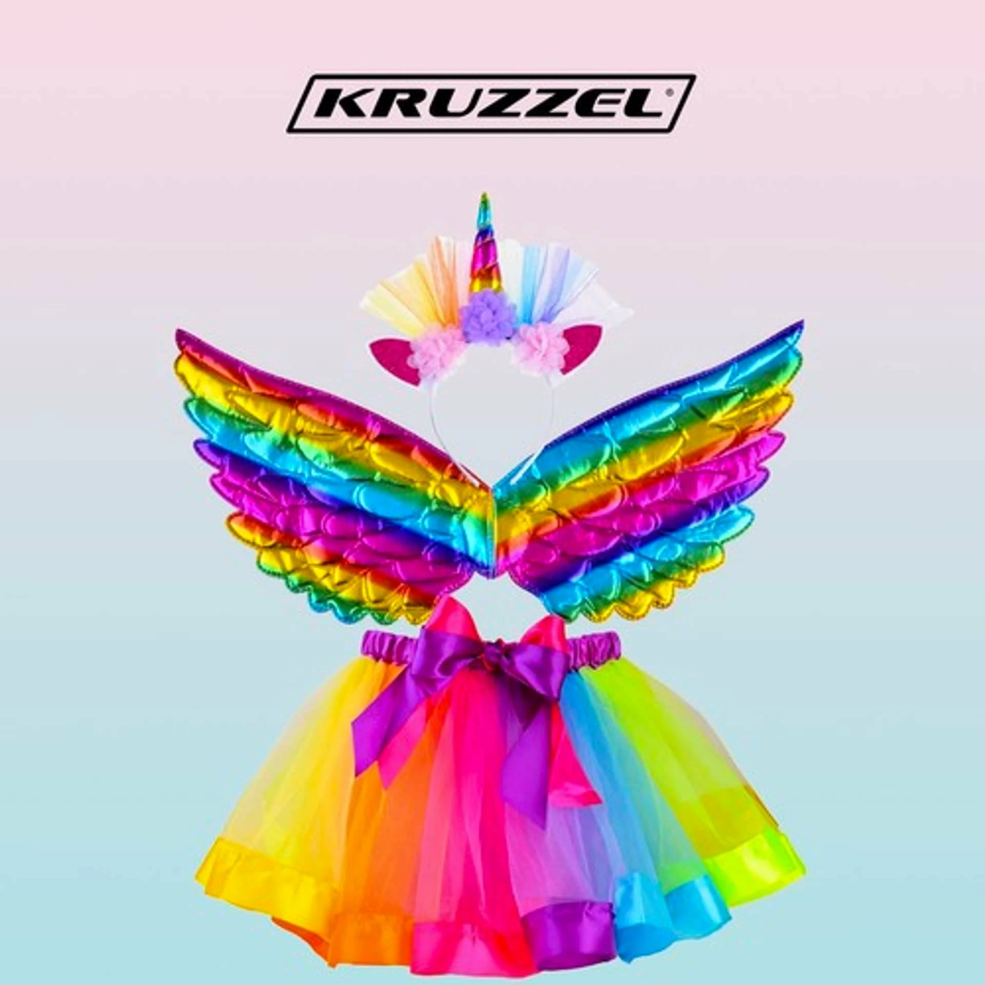 Kostum njëbrirësh Kruzzel 22962, për fëmijë 4-6 vjeç, set me fund, krahë dhe shirit koke, rainbow