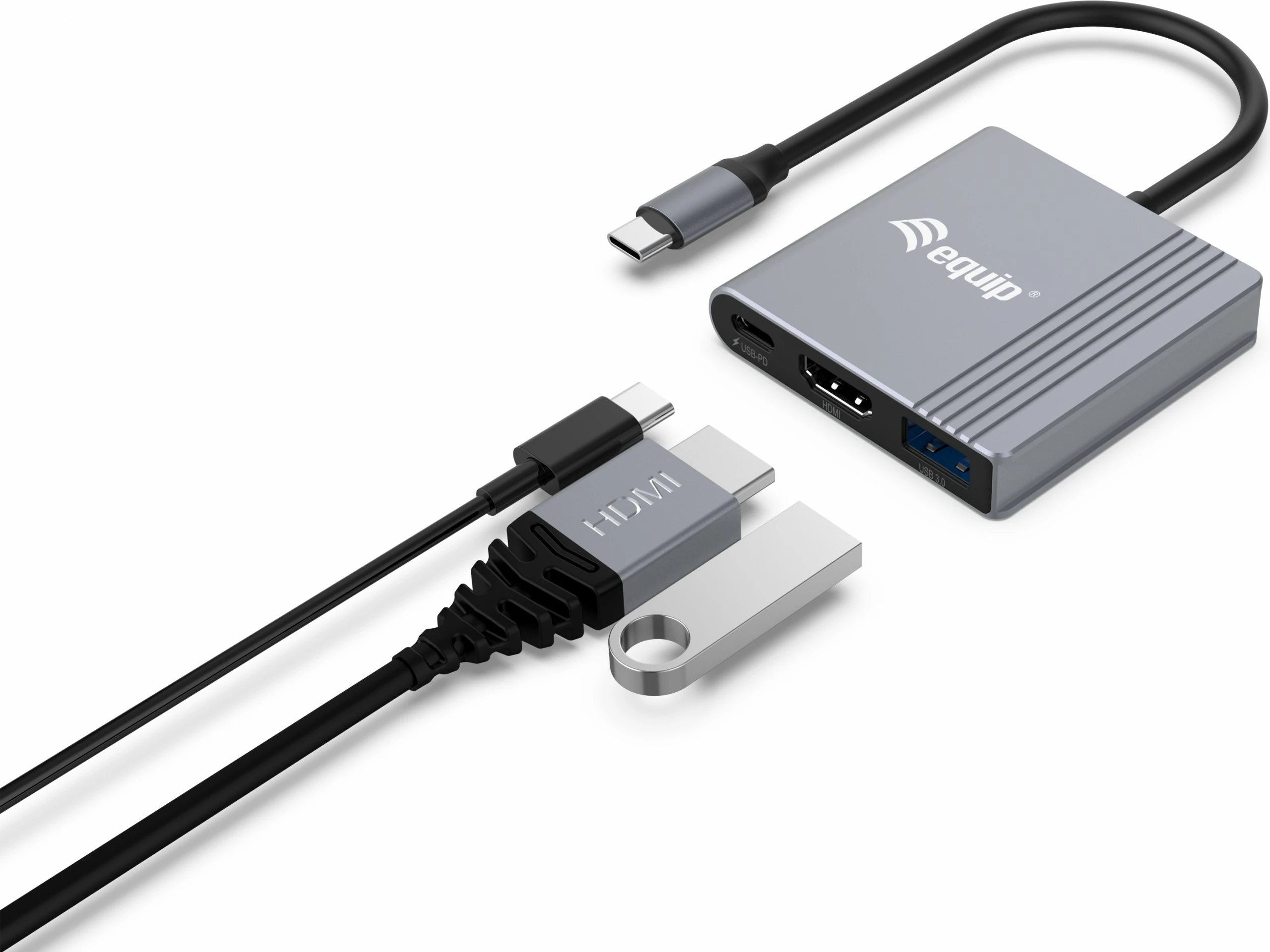 Adapter 3-n-1 USB-C në HDMI/USB-A/USB PD Equip, 3840x2160, i zi/gri