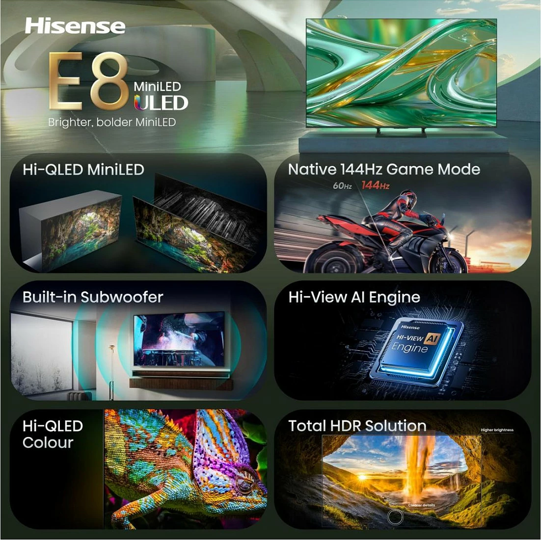 Smart TV Hisense 55E8S, 55", 4K ULED MiniLED, 144Hz, WiFi/Bluetooth, Black/Grey
