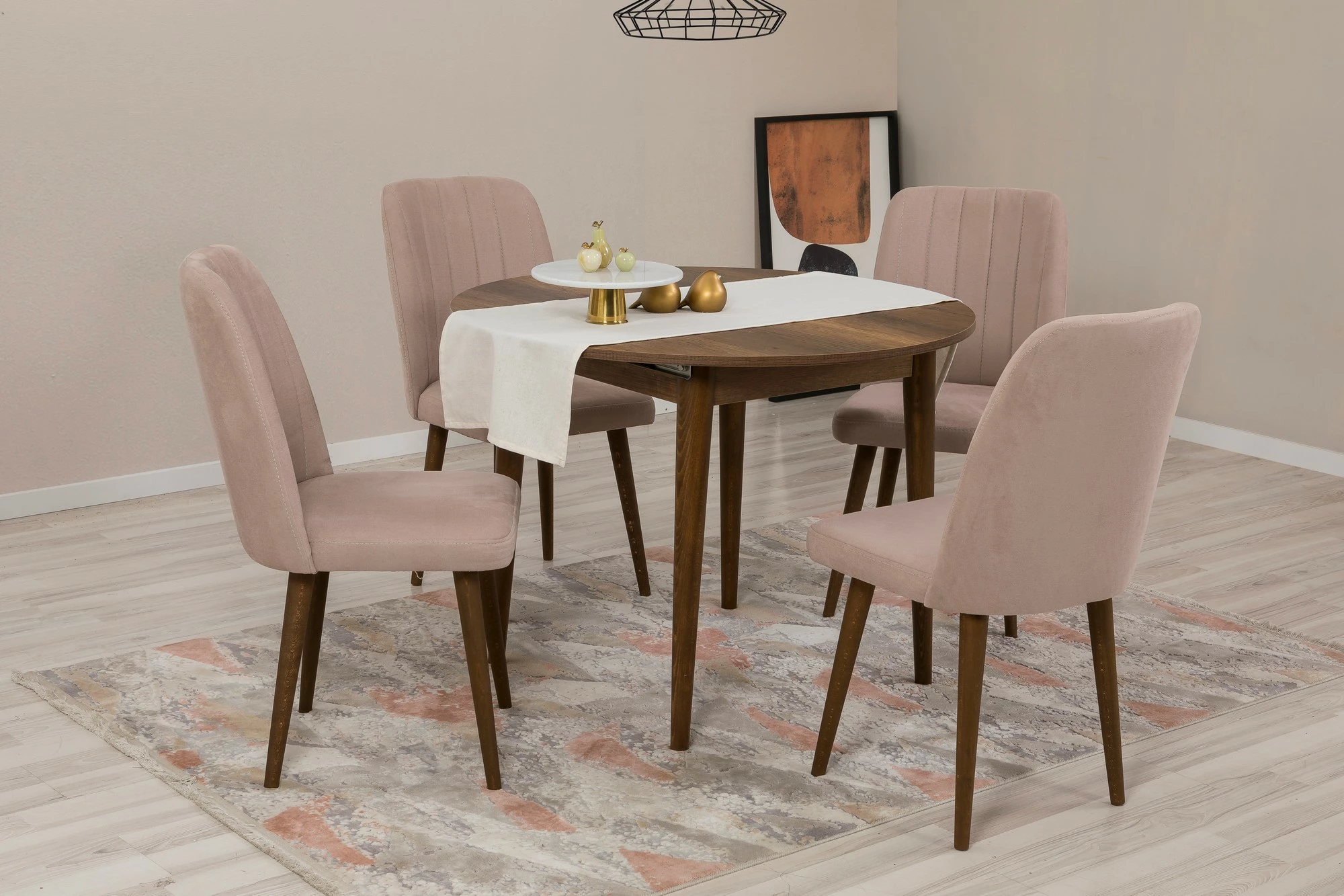 Tavolinë me karrige, zgjatshme, ngjyrë arre dhe gur, Skye Decor, Vina 0900, 5 copë