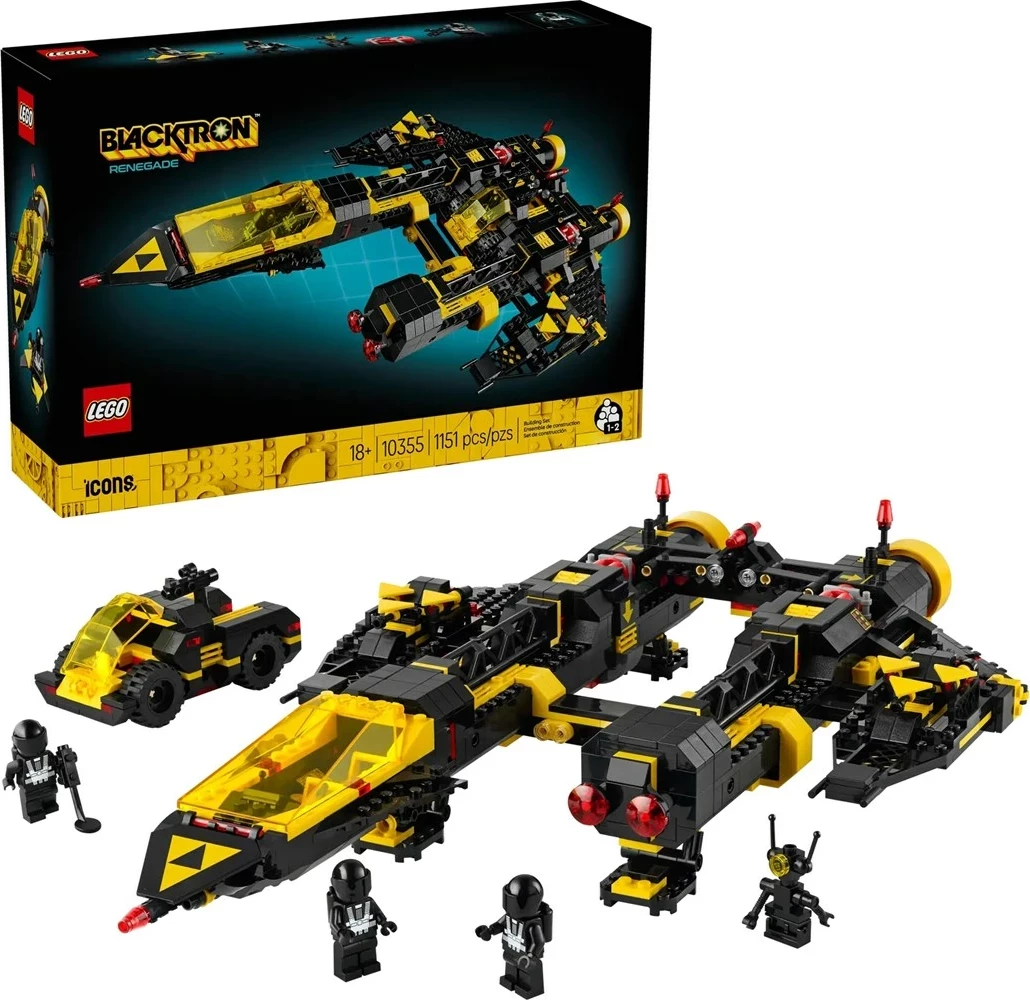 Set LEGO ICONS Blacktron Renegade 10355, 1151 pjesë, me 3 minifigura, për të rritur, zi/verdhe