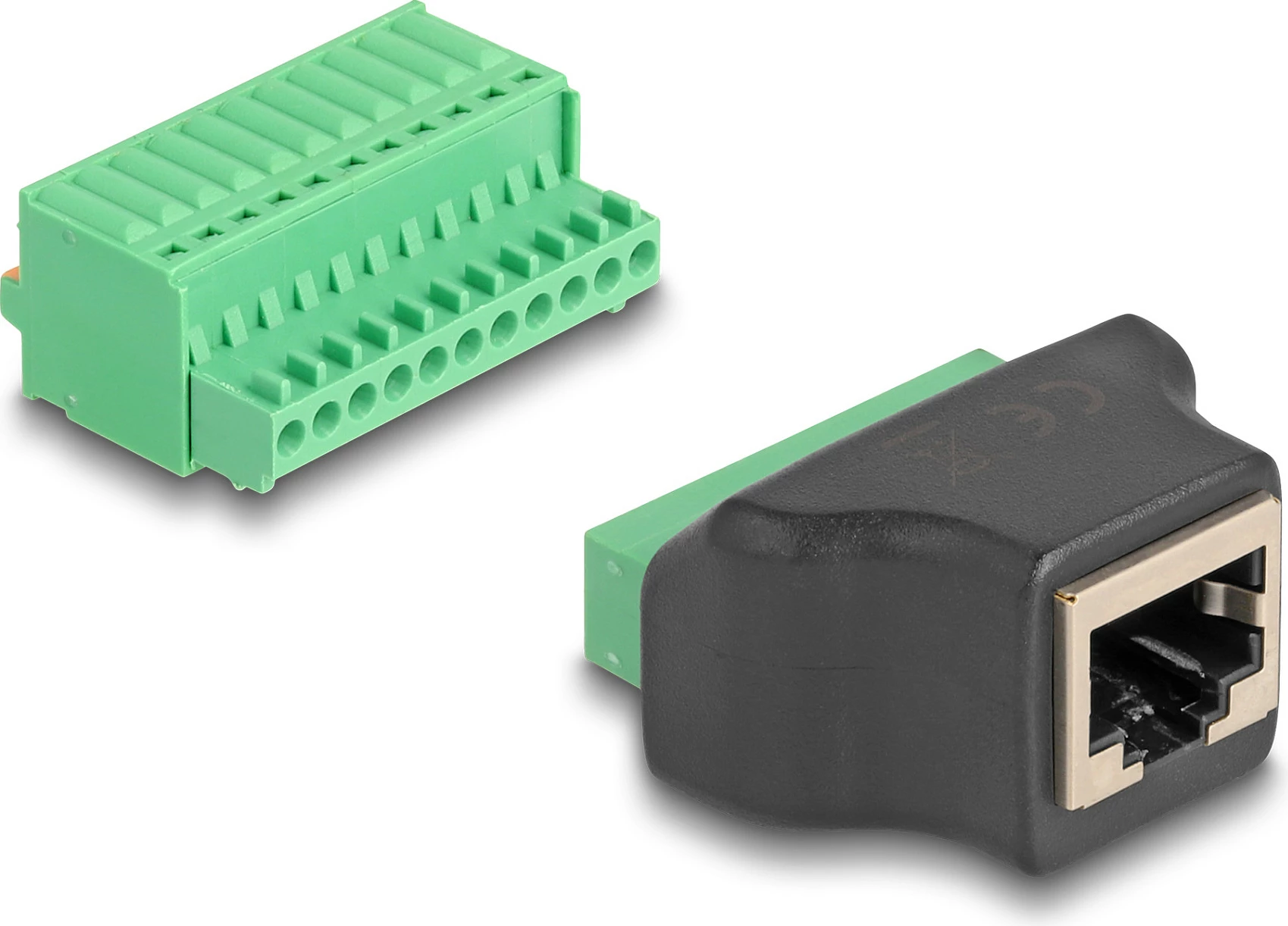 Adapter RJ50 DeLOCK në terminal block 11-pin, me buton, zi/jeshil