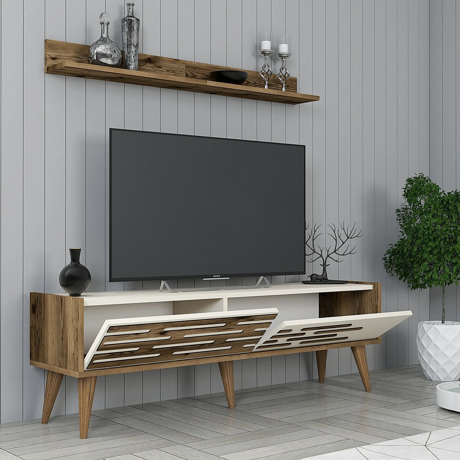 Komodë TV Valensiya 140, ngjyrë arrë dhe krem, Skye Decor