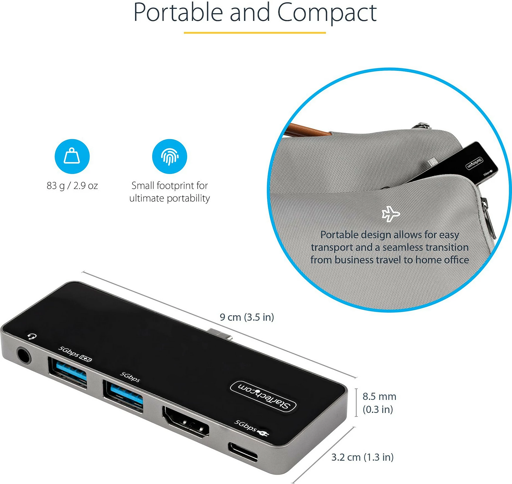 Adapter multiport USB-C StarTech DKT30ICHPD, HDMI 4K 60Hz, USB 3.0 Hub, Power Delivery 100W, Audio 3.5mm, i zi/argjendtë