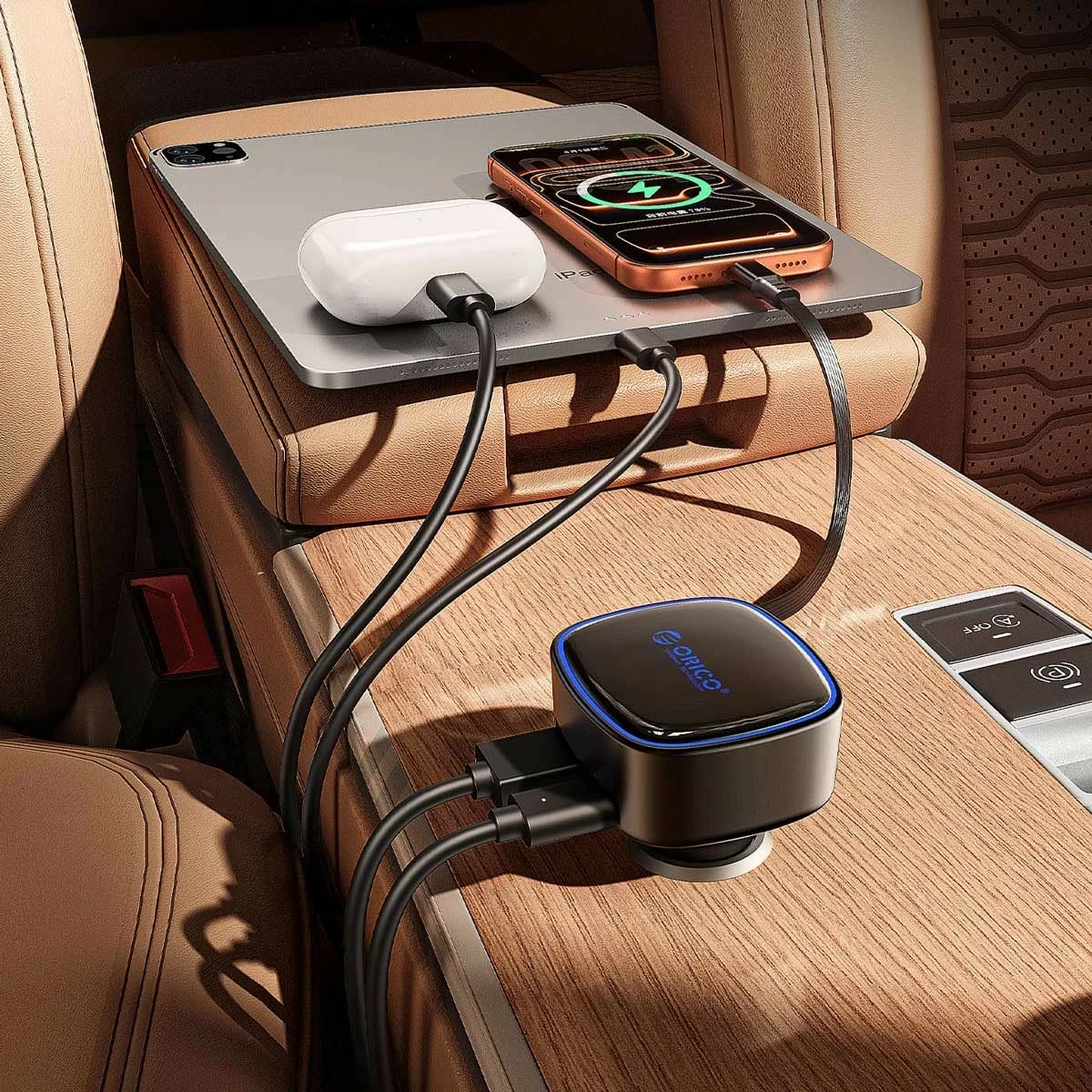 Karikues veture Orico 66W, PD, USB-C/USB-A, kabllo USB-C e tërheqshme, i zi
