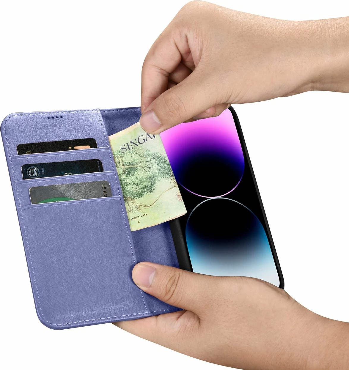 Mbështjellës iCarer Wallet Case 2in1 për iPhone 14 Pro, lëkurë natyrale, Anti-RFID, Vjollcë e çelur