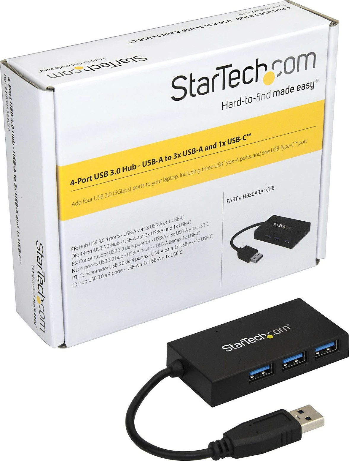 Hub USB StarTech HB30A3A1CFB, 4 porta (3x USB-A + 1x USB-C), USB 3.2 Gen 1 5Gbps, bus-powered, i zi